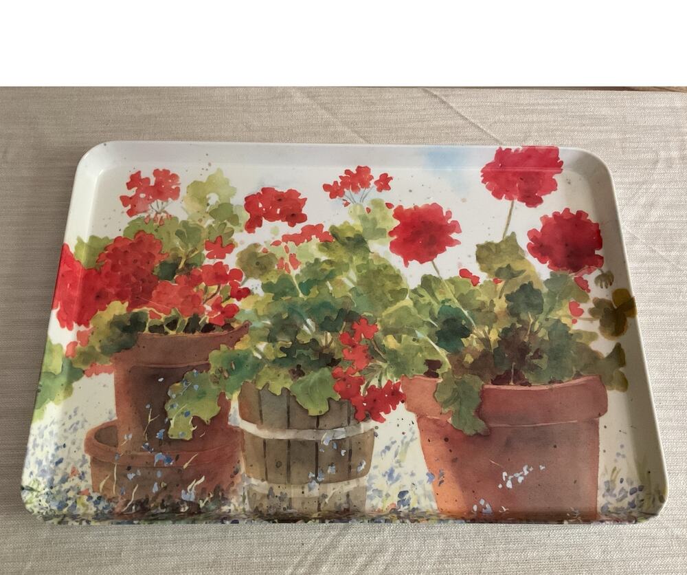 VTG 1992 Judy Buswell Geraniums Flower Botanical Watercolor Melamine Tray Italy